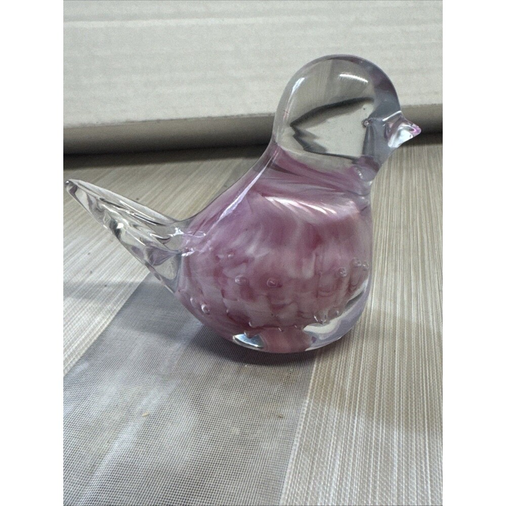 Gibson Glass art glass bird figurine, specifically a pink and white swirl design